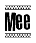 The image is a black and white clipart of the text Mee in a bold, italicized font. The text is bordered by a dotted line on the top and bottom, and there are checkered flags positioned at both ends of the text, usually associated with racing or finishing lines.