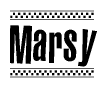 The image contains the text Marsy in a bold, stylized font, with a checkered flag pattern bordering the top and bottom of the text.