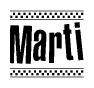 The image is a black and white clipart of the text Marti in a bold, italicized font. The text is bordered by a dotted line on the top and bottom, and there are checkered flags positioned at both ends of the text, usually associated with racing or finishing lines.