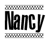 The image contains the text Nancy in a bold, stylized font, with a checkered flag pattern bordering the top and bottom of the text.