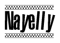 The image is a black and white clipart of the text Nayelly in a bold, italicized font. The text is bordered by a dotted line on the top and bottom, and there are checkered flags positioned at both ends of the text, usually associated with racing or finishing lines.