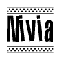 The image is a black and white clipart of the text Nivia in a bold, italicized font. The text is bordered by a dotted line on the top and bottom, and there are checkered flags positioned at both ends of the text, usually associated with racing or finishing lines.