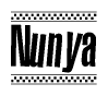 The clipart image displays the text Nunya in a bold, stylized font. It is enclosed in a rectangular border with a checkerboard pattern running below and above the text, similar to a finish line in racing. 