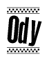 The clipart image displays the text Ody in a bold, stylized font. It is enclosed in a rectangular border with a checkerboard pattern running below and above the text, similar to a finish line in racing. 