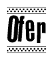 The image is a black and white clipart of the text Ofer in a bold, italicized font. The text is bordered by a dotted line on the top and bottom, and there are checkered flags positioned at both ends of the text, usually associated with racing or finishing lines.