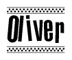 The image contains the text Oliver in a bold, stylized font, with a checkered flag pattern bordering the top and bottom of the text.