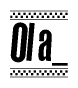 The image is a black and white clipart of the text Ola in a bold, italicized font. The text is bordered by a dotted line on the top and bottom, and there are checkered flags positioned at both ends of the text, usually associated with racing or finishing lines.