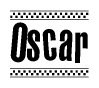 The image is a black and white clipart of the text Oscar in a bold, italicized font. The text is bordered by a dotted line on the top and bottom, and there are checkered flags positioned at both ends of the text, usually associated with racing or finishing lines.