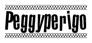 The image is a black and white clipart of the text Peggyperigo in a bold, italicized font. The text is bordered by a dotted line on the top and bottom, and there are checkered flags positioned at both ends of the text, usually associated with racing or finishing lines.