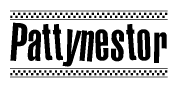 The image is a black and white clipart of the text Pattynestor in a bold, italicized font. The text is bordered by a dotted line on the top and bottom, and there are checkered flags positioned at both ends of the text, usually associated with racing or finishing lines.
