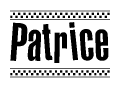The image contains the text Patrice in a bold, stylized font, with a checkered flag pattern bordering the top and bottom of the text.