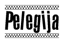 The image is a black and white clipart of the text Pelegija in a bold, italicized font. The text is bordered by a dotted line on the top and bottom, and there are checkered flags positioned at both ends of the text, usually associated with racing or finishing lines.