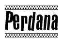 The image contains the text Perdana in a bold, stylized font, with a checkered flag pattern bordering the top and bottom of the text.