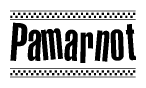 The image is a black and white clipart of the text Pamarnot in a bold, italicized font. The text is bordered by a dotted line on the top and bottom, and there are checkered flags positioned at both ends of the text, usually associated with racing or finishing lines.