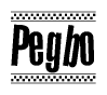 The image contains the text Pegbo in a bold, stylized font, with a checkered flag pattern bordering the top and bottom of the text.