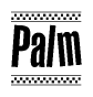 The image is a black and white clipart of the text Palm in a bold, italicized font. The text is bordered by a dotted line on the top and bottom, and there are checkered flags positioned at both ends of the text, usually associated with racing or finishing lines.