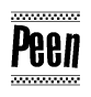 The image is a black and white clipart of the text Peen in a bold, italicized font. The text is bordered by a dotted line on the top and bottom, and there are checkered flags positioned at both ends of the text, usually associated with racing or finishing lines.
