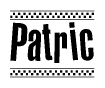 The clipart image displays the text Patric in a bold, stylized font. It is enclosed in a rectangular border with a checkerboard pattern running below and above the text, similar to a finish line in racing. 