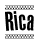 The clipart image displays the text Rica in a bold, stylized font. It is enclosed in a rectangular border with a checkerboard pattern running below and above the text, similar to a finish line in racing. 