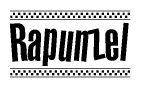 The clipart image displays the text Rapunzel in a bold, stylized font. It is enclosed in a rectangular border with a checkerboard pattern running below and above the text, similar to a finish line in racing. 