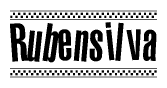 The image is a black and white clipart of the text Rubensilva in a bold, italicized font. The text is bordered by a dotted line on the top and bottom, and there are checkered flags positioned at both ends of the text, usually associated with racing or finishing lines.