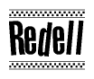 The image contains the text Redell in a bold, stylized font, with a checkered flag pattern bordering the top and bottom of the text.