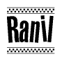 The image is a black and white clipart of the text Ranil in a bold, italicized font. The text is bordered by a dotted line on the top and bottom, and there are checkered flags positioned at both ends of the text, usually associated with racing or finishing lines.