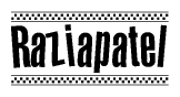 The clipart image displays the text Raziapatel in a bold, stylized font. It is enclosed in a rectangular border with a checkerboard pattern running below and above the text, similar to a finish line in racing. 