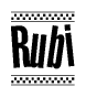 The image is a black and white clipart of the text Rubi in a bold, italicized font. The text is bordered by a dotted line on the top and bottom, and there are checkered flags positioned at both ends of the text, usually associated with racing or finishing lines.