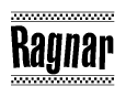 The image is a black and white clipart of the text Ragnar in a bold, italicized font. The text is bordered by a dotted line on the top and bottom, and there are checkered flags positioned at both ends of the text, usually associated with racing or finishing lines.