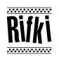 The image is a black and white clipart of the text Rifki in a bold, italicized font. The text is bordered by a dotted line on the top and bottom, and there are checkered flags positioned at both ends of the text, usually associated with racing or finishing lines.