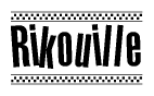The image is a black and white clipart of the text Rikouille in a bold, italicized font. The text is bordered by a dotted line on the top and bottom, and there are checkered flags positioned at both ends of the text, usually associated with racing or finishing lines.