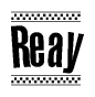 The image contains the text Reay in a bold, stylized font, with a checkered flag pattern bordering the top and bottom of the text.