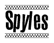 The clipart image displays the text Spyles in a bold, stylized font. It is enclosed in a rectangular border with a checkerboard pattern running below and above the text, similar to a finish line in racing. 