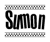 The image is a black and white clipart of the text Sumon in a bold, italicized font. The text is bordered by a dotted line on the top and bottom, and there are checkered flags positioned at both ends of the text, usually associated with racing or finishing lines.