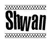 The image is a black and white clipart of the text Shwan in a bold, italicized font. The text is bordered by a dotted line on the top and bottom, and there are checkered flags positioned at both ends of the text, usually associated with racing or finishing lines.