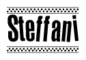 The image is a black and white clipart of the text Steffani in a bold, italicized font. The text is bordered by a dotted line on the top and bottom, and there are checkered flags positioned at both ends of the text, usually associated with racing or finishing lines.