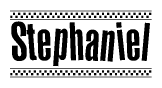 The image contains the text Stephaniel in a bold, stylized font, with a checkered flag pattern bordering the top and bottom of the text.