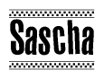 The image is a black and white clipart of the text Sascha in a bold, italicized font. The text is bordered by a dotted line on the top and bottom, and there are checkered flags positioned at both ends of the text, usually associated with racing or finishing lines.