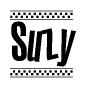 The image contains the text Suzy in a bold, stylized font, with a checkered flag pattern bordering the top and bottom of the text.