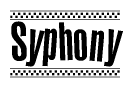 The image is a black and white clipart of the text Syphony in a bold, italicized font. The text is bordered by a dotted line on the top and bottom, and there are checkered flags positioned at both ends of the text, usually associated with racing or finishing lines.