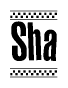 The clipart image displays the text Sha in a bold, stylized font. It is enclosed in a rectangular border with a checkerboard pattern running below and above the text, similar to a finish line in racing. 