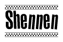 The image is a black and white clipart of the text Shennen in a bold, italicized font. The text is bordered by a dotted line on the top and bottom, and there are checkered flags positioned at both ends of the text, usually associated with racing or finishing lines.
