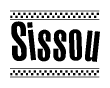 The image is a black and white clipart of the text Sissou in a bold, italicized font. The text is bordered by a dotted line on the top and bottom, and there are checkered flags positioned at both ends of the text, usually associated with racing or finishing lines.