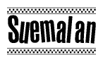 The image is a black and white clipart of the text Suemalan in a bold, italicized font. The text is bordered by a dotted line on the top and bottom, and there are checkered flags positioned at both ends of the text, usually associated with racing or finishing lines.