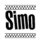 The image is a black and white clipart of the text Simo in a bold, italicized font. The text is bordered by a dotted line on the top and bottom, and there are checkered flags positioned at both ends of the text, usually associated with racing or finishing lines.