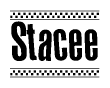 The image contains the text Stacee in a bold, stylized font, with a checkered flag pattern bordering the top and bottom of the text.