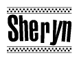 The image contains the text Sheryn in a bold, stylized font, with a checkered flag pattern bordering the top and bottom of the text.