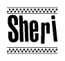 The image is a black and white clipart of the text Sheri in a bold, italicized font. The text is bordered by a dotted line on the top and bottom, and there are checkered flags positioned at both ends of the text, usually associated with racing or finishing lines.
