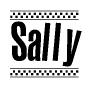 The image is a black and white clipart of the text Sally in a bold, italicized font. The text is bordered by a dotted line on the top and bottom, and there are checkered flags positioned at both ends of the text, usually associated with racing or finishing lines.